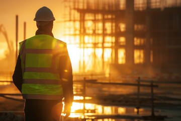 Construction worker in reflective gear observing building site at sunrise, symbolizing progress and industrial growth.