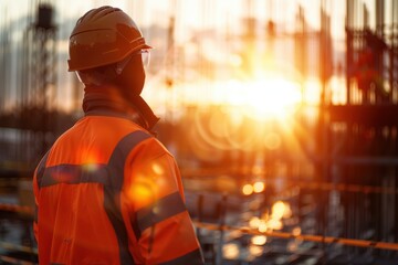 Obraz premium Construction worker in safety gear observing a construction site at sunset, highlighting the importance of safety and hard work.