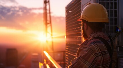 Fototapeta premium Construction worker in hard hat observing sunset on a worksite, representing industrial work and dedication.