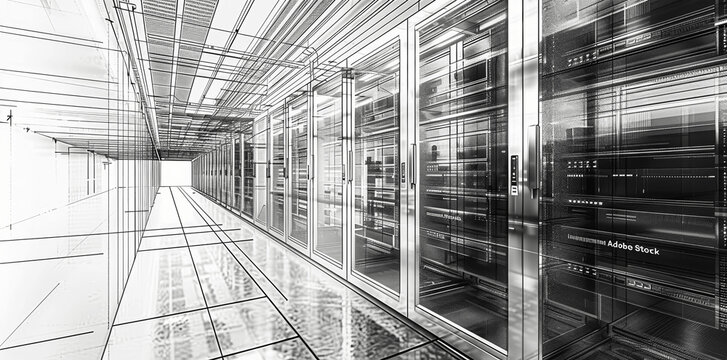 Data Center Technical Drawing, Server Rack Architecture, High-Resolution IT Concept, Vector 3D Black and White Design