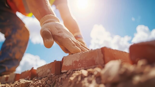 Construction worker laying bricks with precision and care, building a strong foundation under the bright sun.
