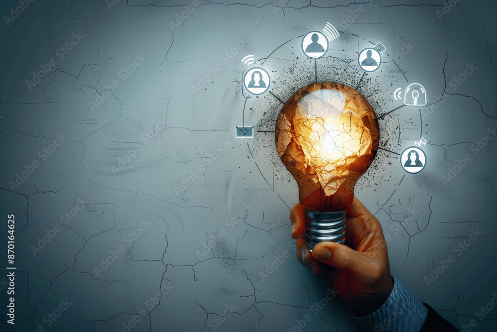 Poster creative idea light bulb with crumpled yellow paper symbol for innovation and problem solving