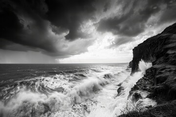 Dramatic black and white photograph of waves crashing against a rocky cliff under stormy skies, capturing the raw power of nature.