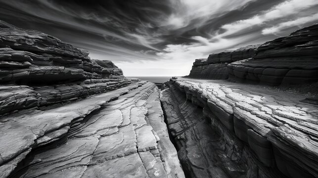Dramatic black and white landscape of rugged rocky cliffs under a captivating sky, perfect for nature and geology enthusiasts.