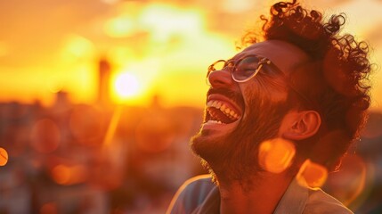Man laughing joyfully with vibrant sunset background, showcasing happiness and carefree emotion, perfect for lifestyle inspiration and positivity.