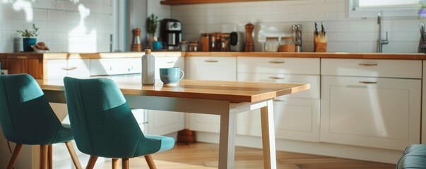 Bright and cozy white kitchen with wooden dining table and modern decor