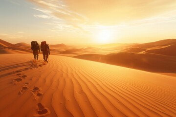 Obraz premium Two adventurers trekking through a vast desert landscape at sunset, leaving footsteps in the sand. Majestic dunes stretch towards the horizon.
