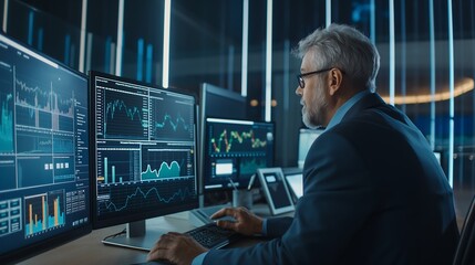 Fototapeta premium Senior Financial Planner Conducts Client Investment Portfolio Analysis in Elegant Workspace with Market Indicators and Global Economic Trends