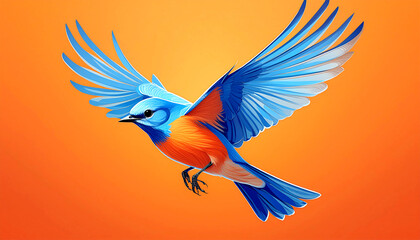 Fototapeta premium Vibrant, minimalistic illustration of a bluebird in flight. Orange background.