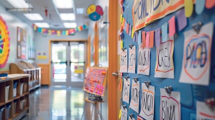Fototapeta premium A classroom door decorated with welcome back signs