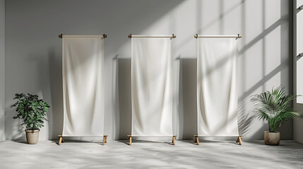 Mockup of 3 Roll Up Banner Stands on Grey Background with White Fabric for Advertising and Promotion