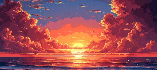 Wandcirkels Paars Pixel Art Sunset with Warm Colors Over the Sea Digital Painting High Resolution Illustration  © btiger