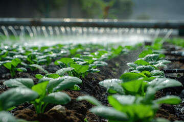 Fototapeta premium smart farm springer watering vegetables growing in outdoor farm . generative Ai