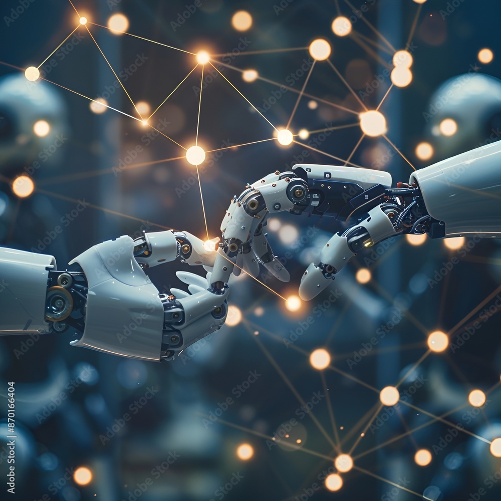 Aufkleber two robots holding hands with a network of lights, symbolizing connection and unity.