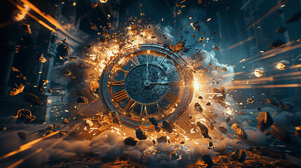 Fantasy Clock Explosion in Space, Time Shattered in Blue, Magical High-Quality 3D Rendering