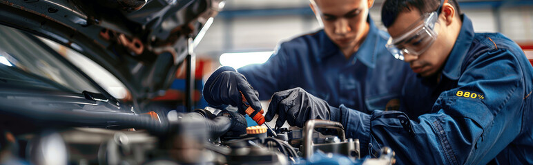 Obraz premium Mechanics using wrench to repair engine at garage, Auto repair and maintenance, Car service concept, Precision repair work