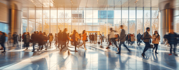 Motion Blurred Students in Lobby of University or College Building During Morning Commute with Large Windows Showing Blue Sky