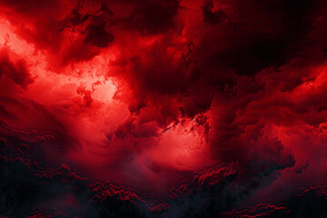 Dark Ominous Red Sky with Clouds Horror Creepy Atmosphere Gothic Night Fiery Sunset Smoke Fog Storm Dramatic Background for Design Spooky Evil Fantasy Mystic Concept Lightning