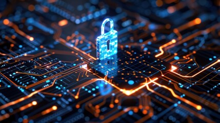 Cybersecurity Concept: Digital Lock on Circuit Board