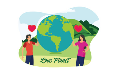 Woman and man hugging Earth. Metaphor of love for our planet, caring for nature. Ecology, cleanliness. International organization. flat vector modern illustration