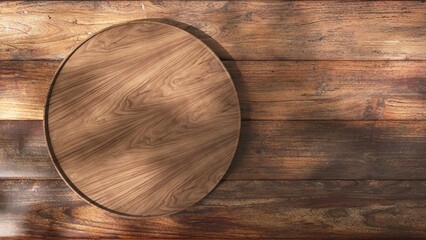 Top view of brown wooden tray podium in dappled sunlight, tree foliage shadow on wood plank for...