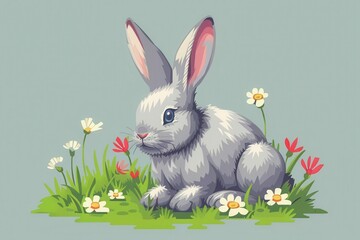 Fototapeta premium Cute illustrated rabbit sitting in a grassy field with colorful flowers, perfect for spring and nature-themed designs.