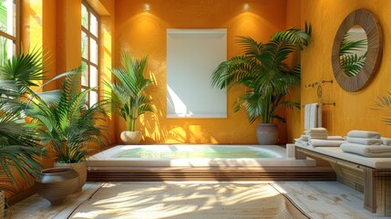 Illustrate a serene blank in a tranquil spa, offering relaxation and rejuvenation for LGBTQ+ individuals