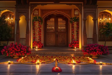Elegant Diwali Doorway Decorated with Marigold Garlands and Diyas for Celebration