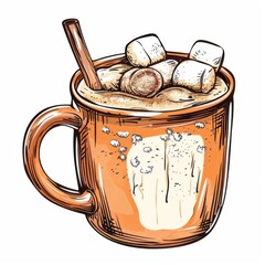 Cozy Autumn Vibes: Hot Cocoa with Marshmallows in Detailed Line Art Mug on White Background
