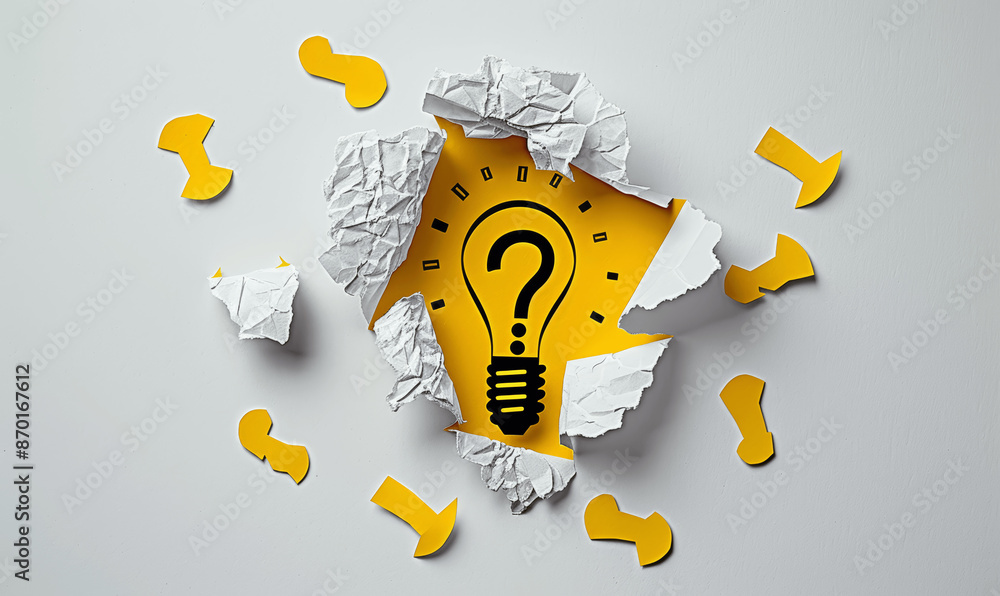 Poster creative business idea lightbulb with question marks symbolizing innovation and problem solving