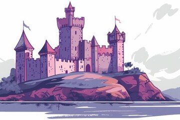 Illustration of a majestic fairytale castle on a hilltop, with towering spires and scenic surroundings, perfect for fantasy themes.
