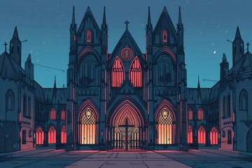 medieval Gothic cathedral night, glowing red orange lights from its windows creating eerie atmosphere.