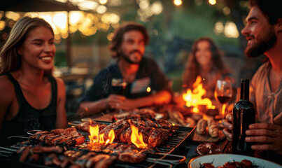 Fototapeta premium Friends Enjoying BBQ Party in Backyard with Wine and Grilled Meat - Diverse Group Having Fun Outdoors