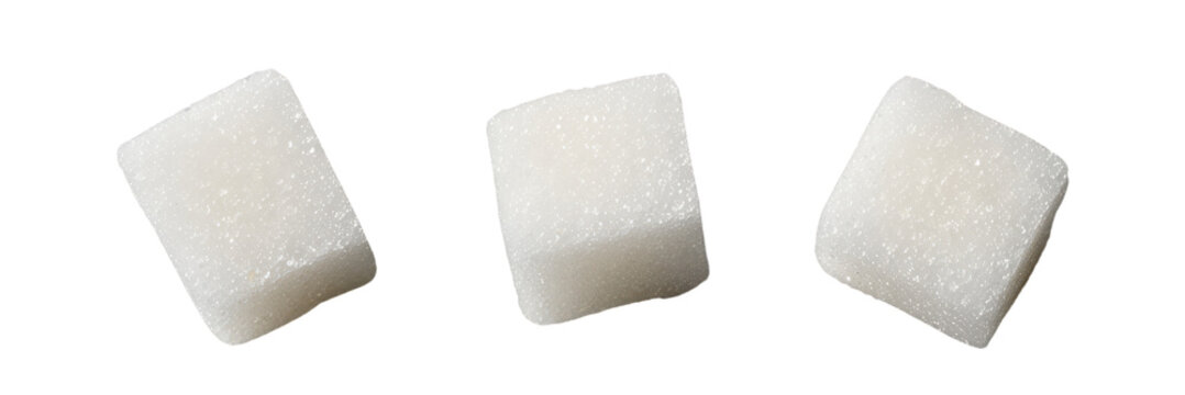 Three white sugar cubes isolated on a transparent background, in a top view, flat lay.