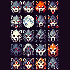 Sprite sheet of pixel art icons with Werewolf theme
