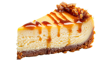 A piece of New York cheesecake with caramel drizzle isolated on a transparent background, with a cinematic light and soft focus shot in profile.