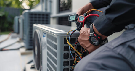 Air Conditioner Technician Checking Cooling System Maintenance and Repair