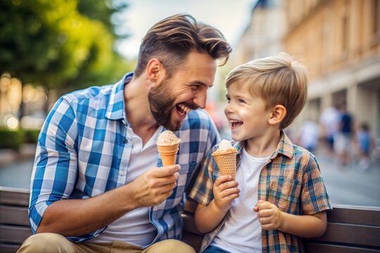 "Loving Father and Son Enjoying Ice Cream Together"
