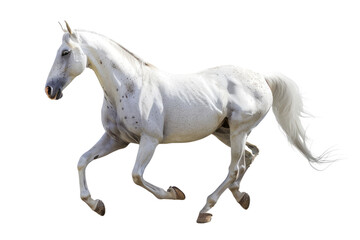 A white horse with mane and tail running in side view, full body shot, on a transparent background.