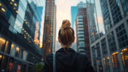 Fototapeta premium Back view of businesswoman and buildings isolated.