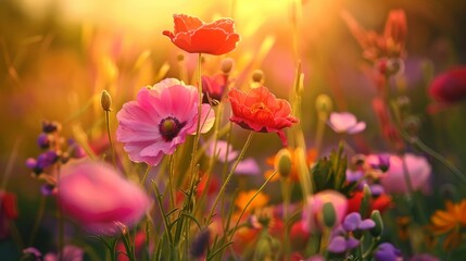 Obraz premium The beauty of summer wildflowers blooming along roadsides and fields, adding splashes of color to the landscape and attracting bees and butterflies.