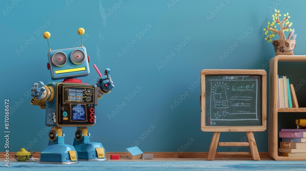 Poster small blue robot teacher holding pointer next to chalkboard in classroom setting