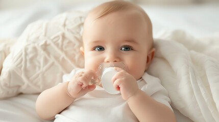 A happy baby with a pacifier in their mouth, laying in a white blanket.
