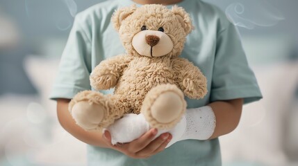 Child's arm in a cast holding a teddy bear, Broken bone recovery, Pediatric care
