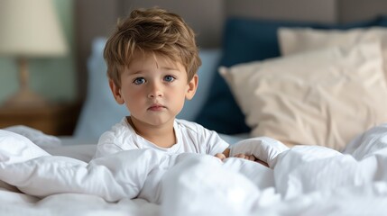 Fototapeta premium Child sitting up in bed with acid reflux discomfort, Nighttime discomfort, Pediatric health