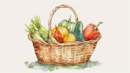 Watercolor painting wicker basket filled fresh vegetables, showcasing rustic farm--table vibe perfect food art themes.