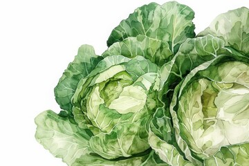 Watercolor illustration of fresh, green cabbage heads detailed on a white background, perfect for culinary or natural themes.