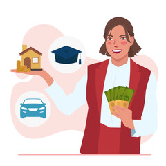 woman saving money building asset properties illustration