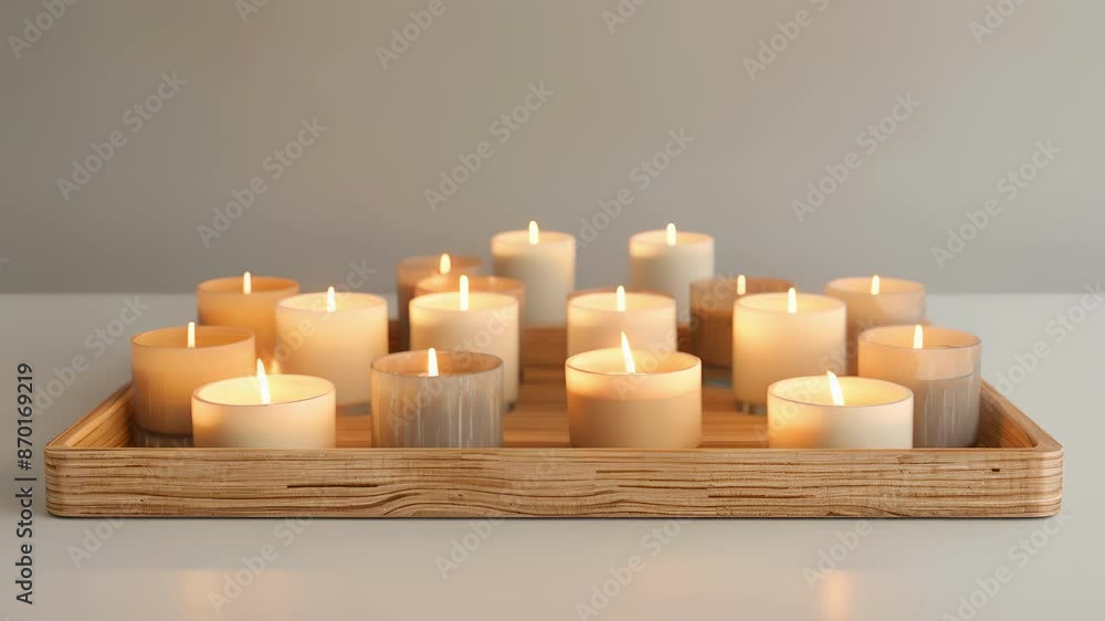 Poster square candles in neutral tones arranged in a gridlike pattern on a wooden tray adding a subtle eleg