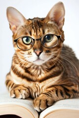 Obraz premium Bengal cat wearing glasses sitting with an open book, looking intelligent and focused